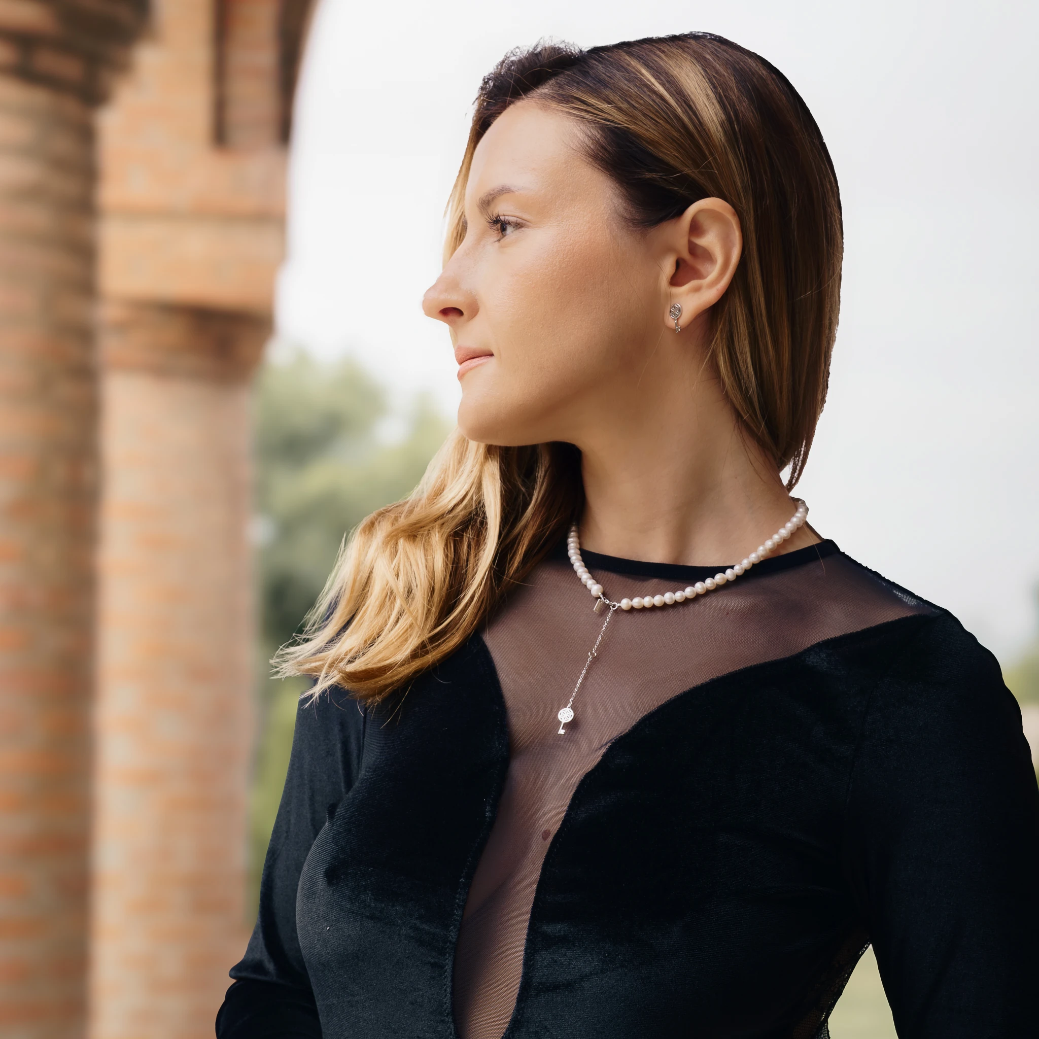 Set Colier și Cercei din argint cu perle naturale de cultură mari Cheie Argintiu [2]