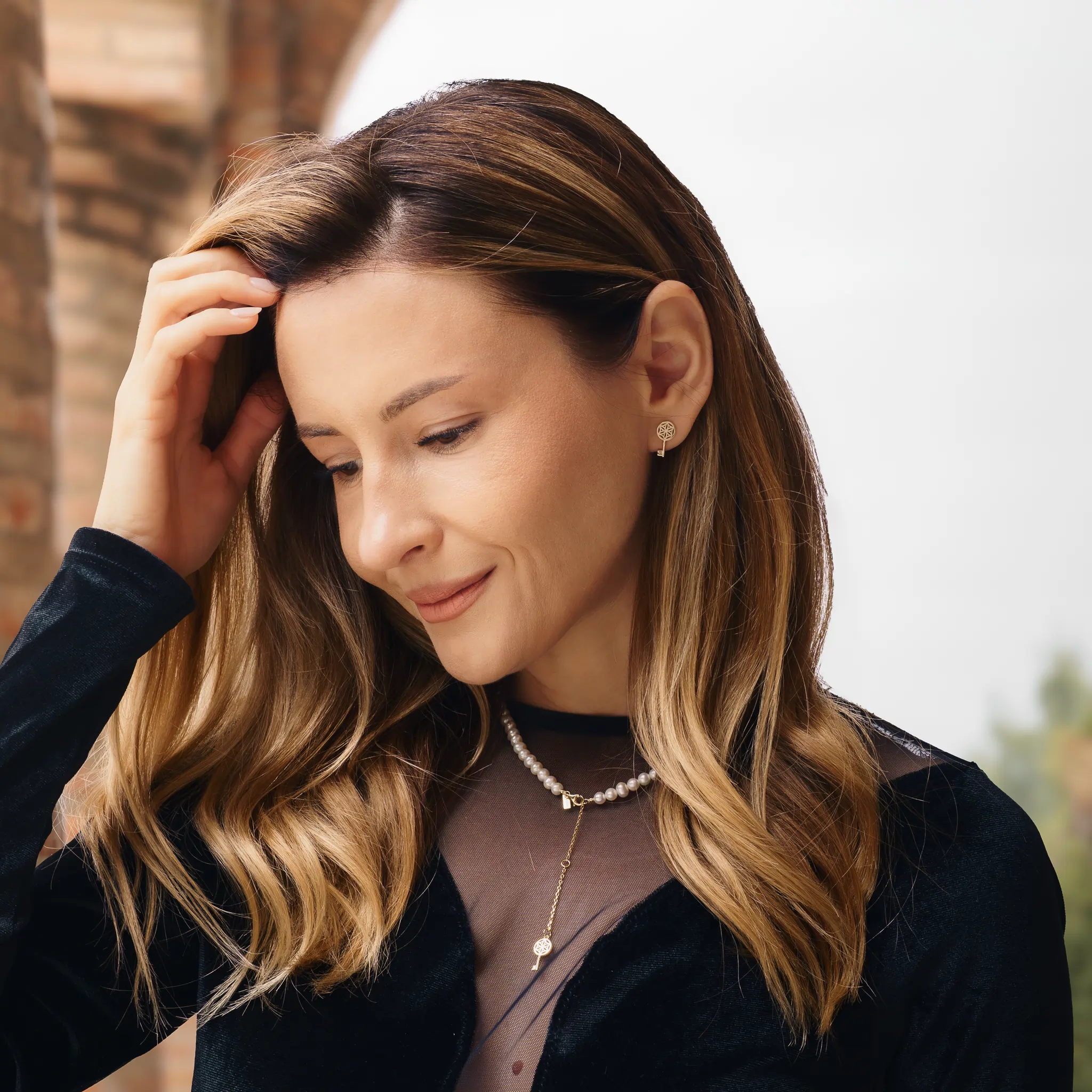 Set Colier și Cercei din argint cu perle naturale de cultură mari Cheie Auriu [2]