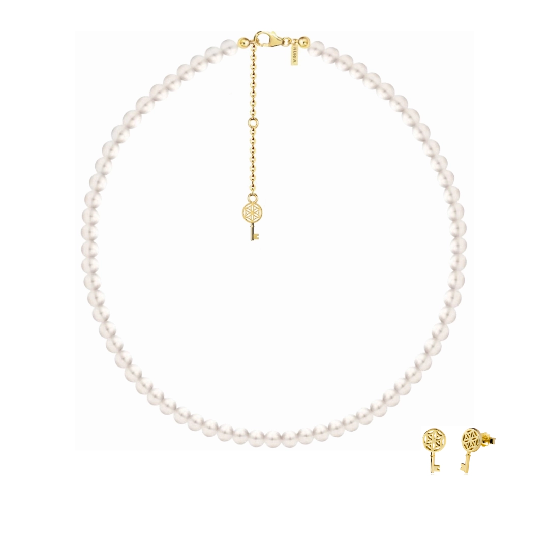 Set Colier și Cercei din argint cu perle naturale de cultură mari Cheie Auriu [1]