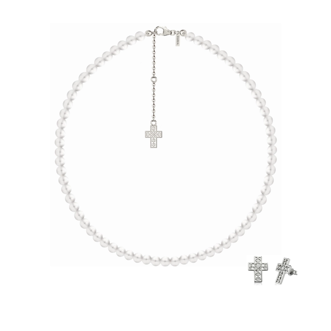 Set Colier și Cercei din argint cu perle naturale de cultură mari Cruce Argintiu [1]
