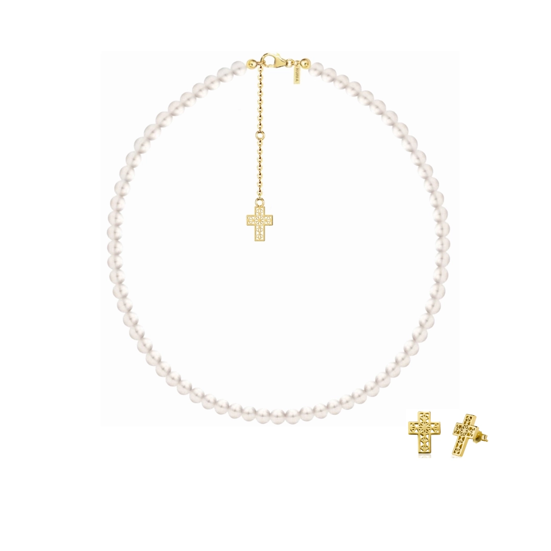 Set Colier și Cercei din argint cu perle naturale de cultură mari Cruce Auriu [1]