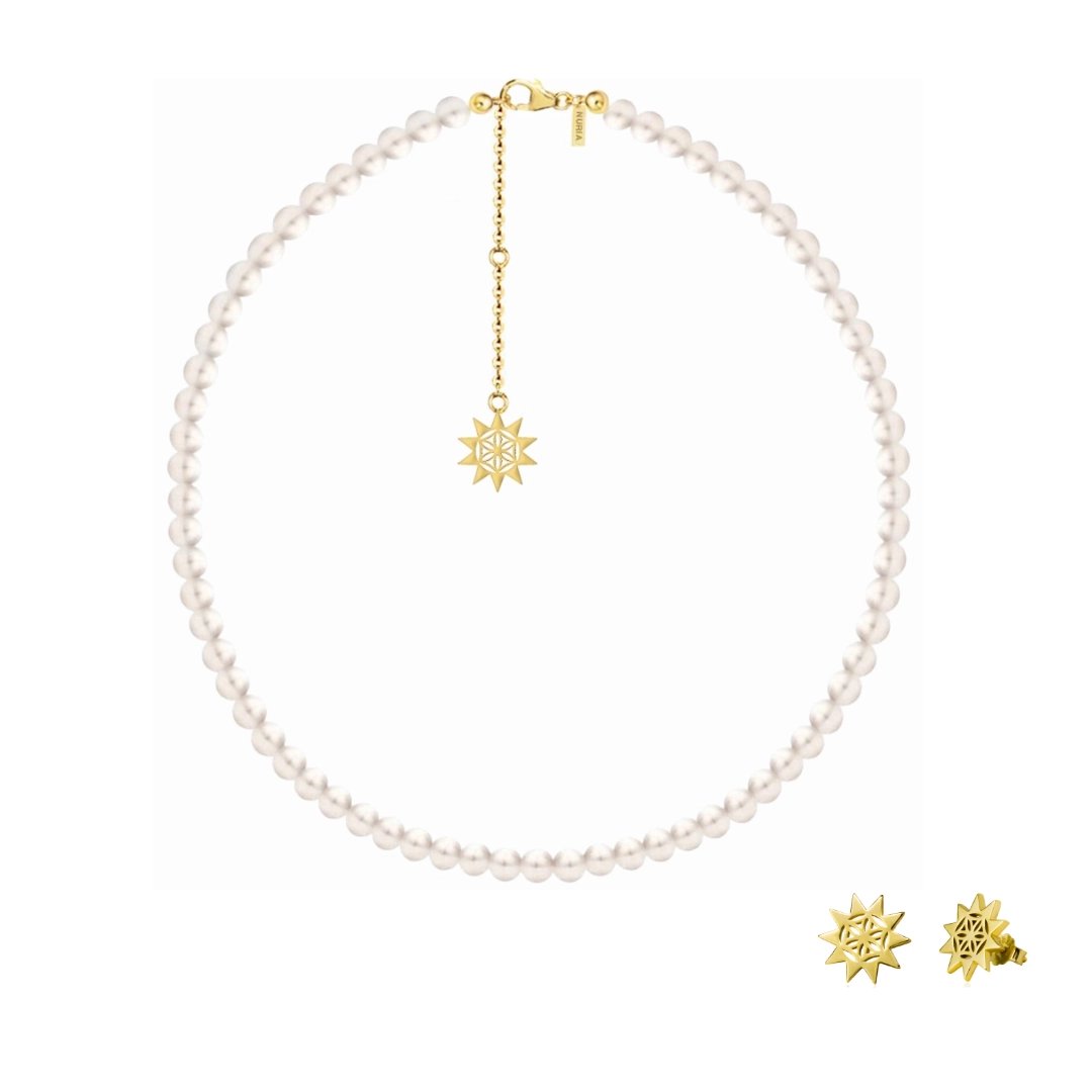 Set Colier și Cercei din argint cu perle naturale de cultură mari Soare Auriu [1]