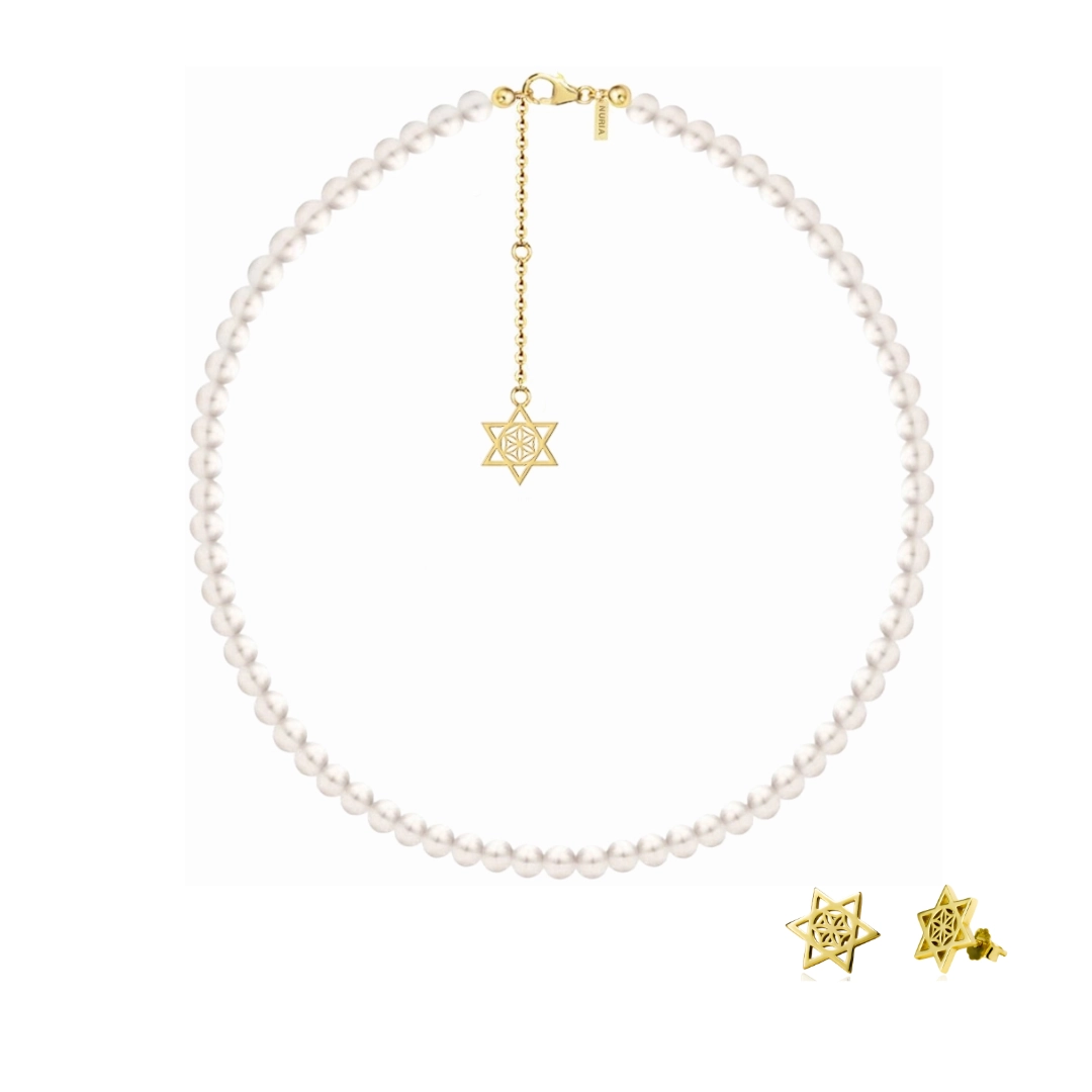 Set Colier și Cercei din argint cu perle naturale de cultură mari Stea Auriu [1]