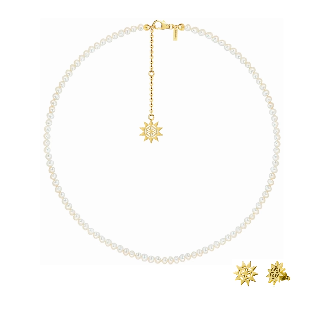 Set Colier și Cercei din argint cu perle naturale de cultură mici Soare Auriu [1]