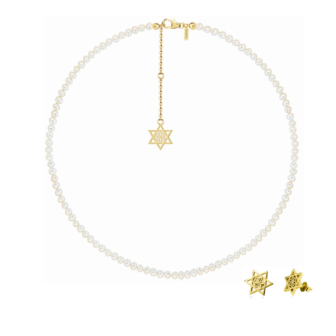 Set Colier și Cercei din argint cu perle naturale de cultură mici Stea Auriu [1]