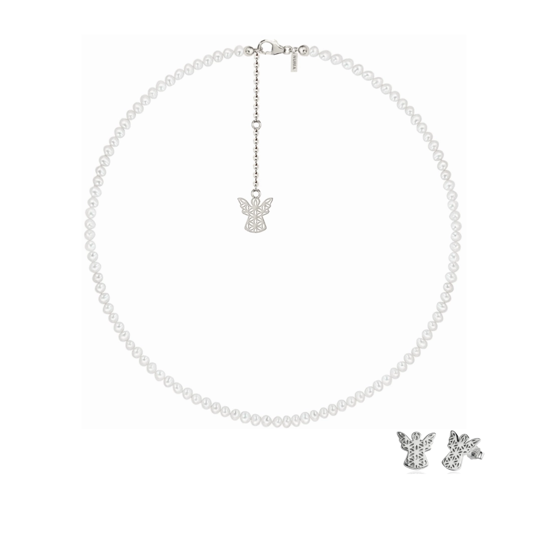 Set Colier și Cercei din argint cu perle naturale de cultură mici Înger Argintiu [1]