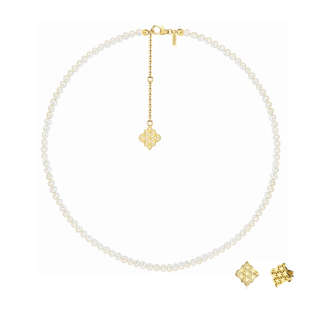 Set Colier și Cercei din argint cu perle naturale de cultură mici Compas Auriu [1]