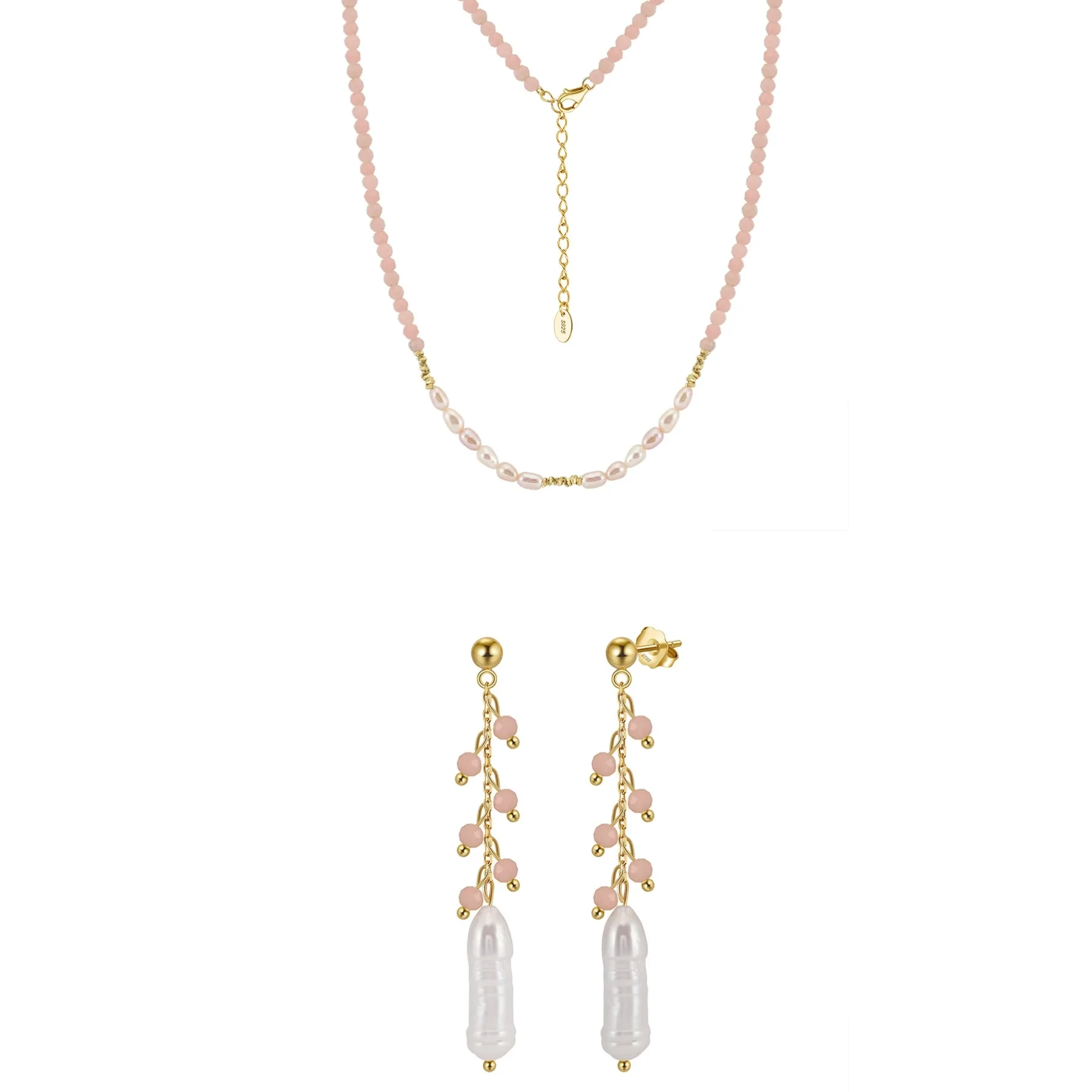 Set Colier și Cercei din Argint cu Perle și Pietre Naturale Cuarț Pink Blush Gold [1]