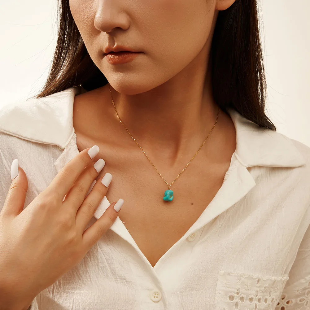 Set Colier și Cercei din Argint cu Piatră Naturală Turcoaz Turquoise Pendant Gold [4]