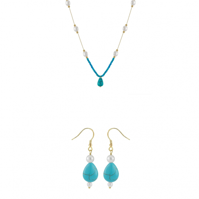 Set Colier și Cercei din Perle și Piatră Naturală Turcoaz Turquoise Harmony Gold [1]