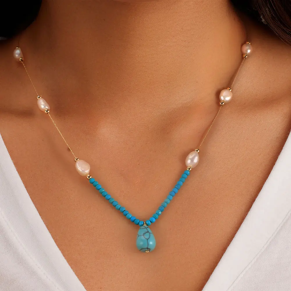 Set Colier și Cercei din Perle și Piatră Naturală Turcoaz Turquoise Harmony Gold [4]