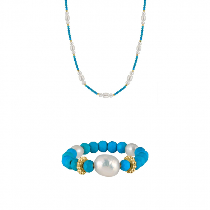 Set Colier și Inel din Argint cu Perle Naturale și Piatră Naturală Turcoaz Turquoise Gold [1]