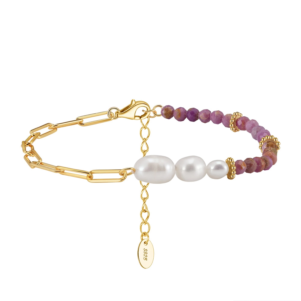 Bijuterii Perle Naturale - Brățară Argint cu perle naturale și pietre ametist Elegant Gold Paperclip