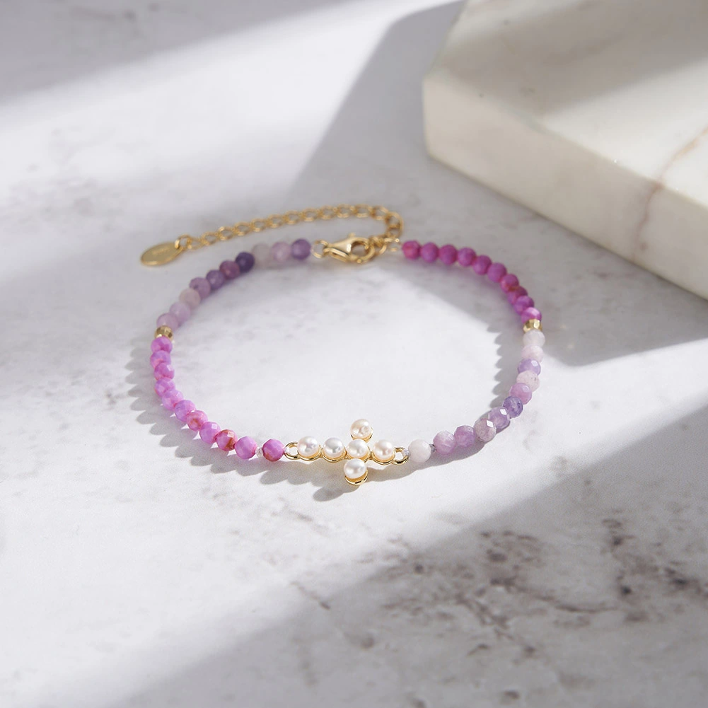 Brățări - Brățară Argint cu perle naturale și pietre ametist Cross Pearl