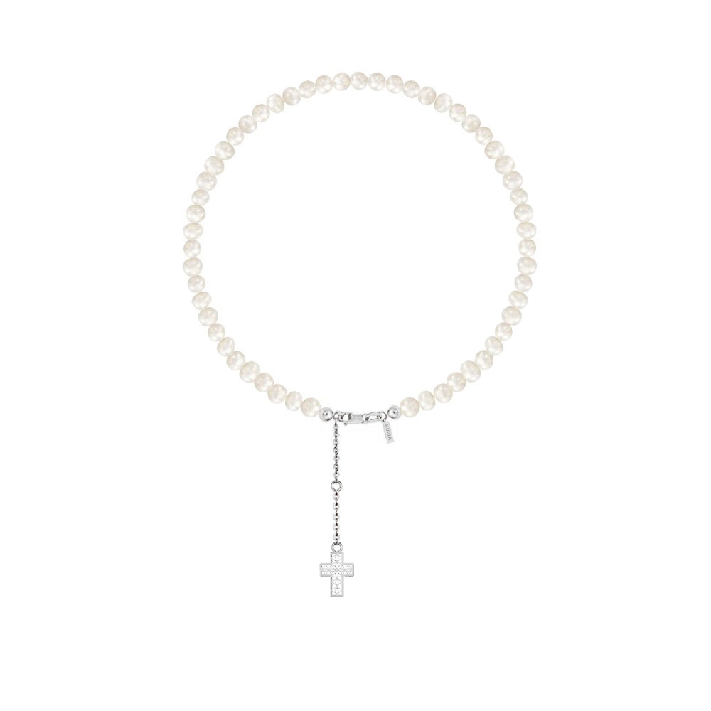 Bijuterii Perle Naturale - Brățară de picior din argint cu perle naturale de cultură mici Cruce Argintiu