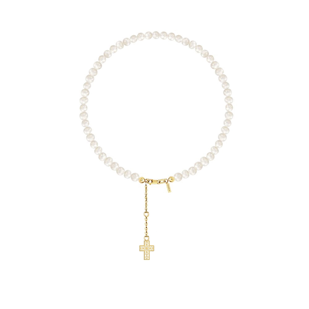 Bijuterii Perle Naturale - Brățară de picior din argint cu perle naturale de cultură mici Cruce Auriu