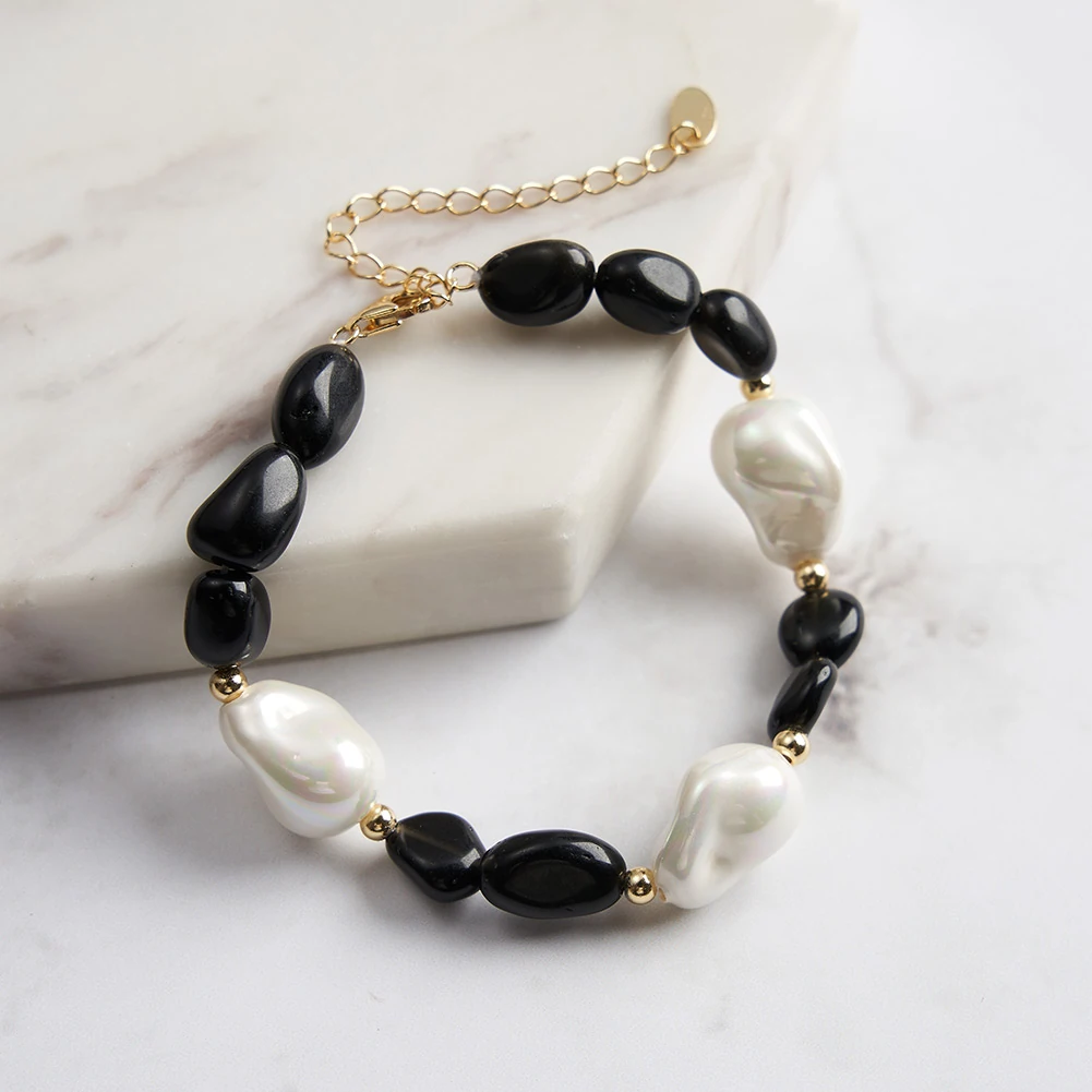 Sale - Brățară din argint cu perle shell și obsidian Noir Auriu