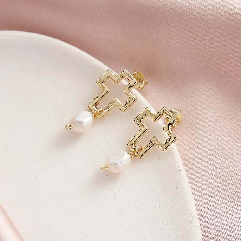 Cercei din Argint Cross & Baroque Pearl Drop Gold [3]