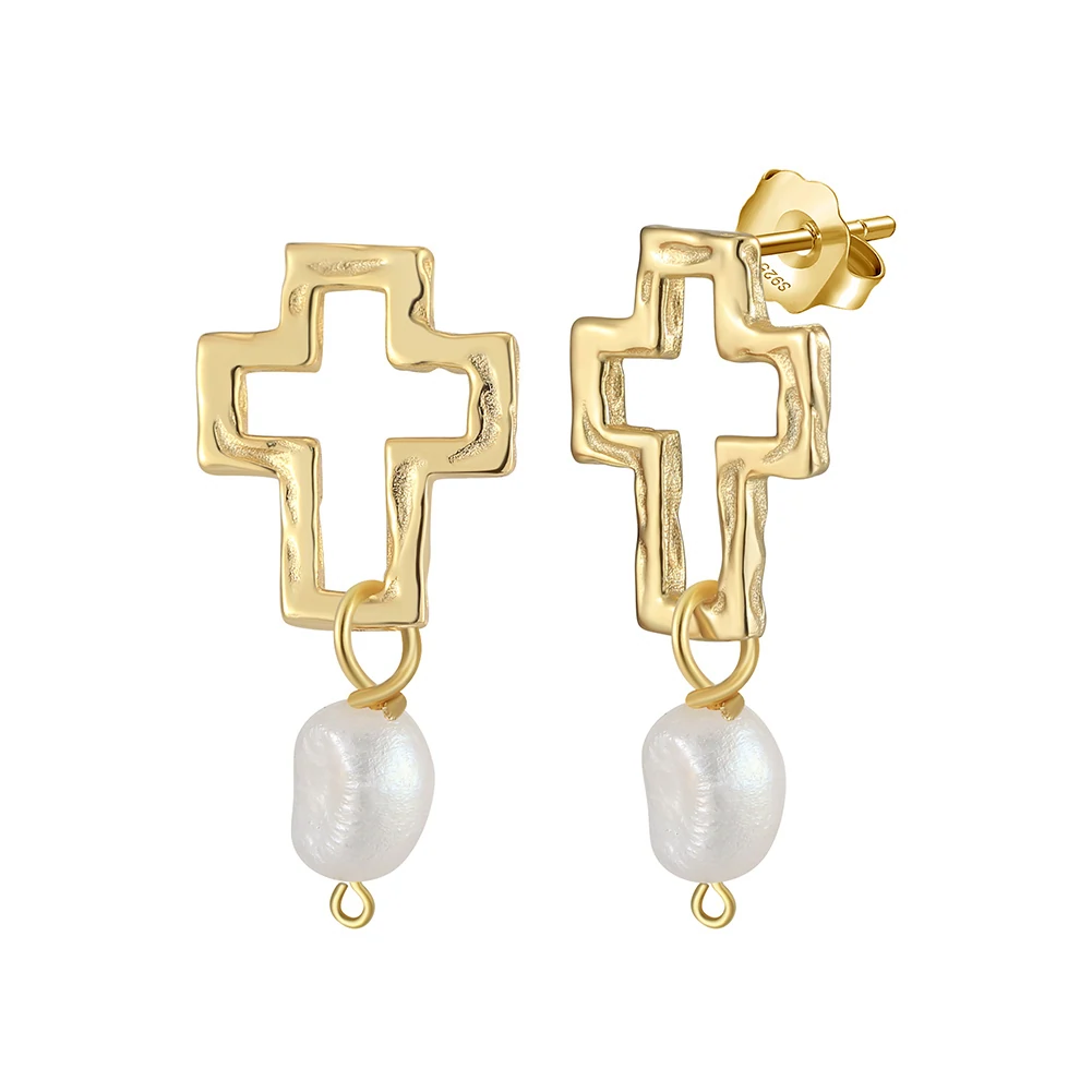 Cercei din Argint Cross & Baroque Pearl Drop Gold