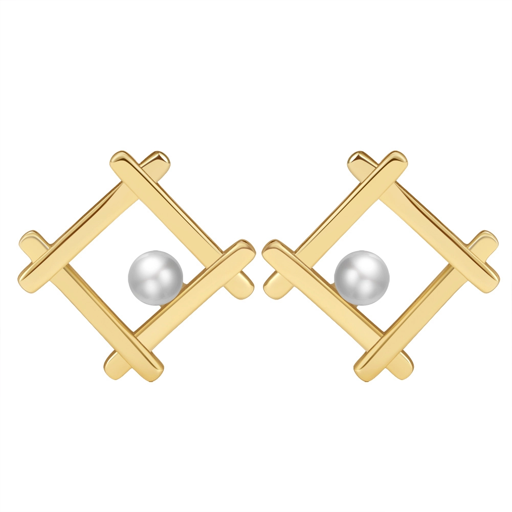 Bijuterii Perle Naturale - Cercei din Argint cu Perle Naturale de Cultură Geometric Stud Gold