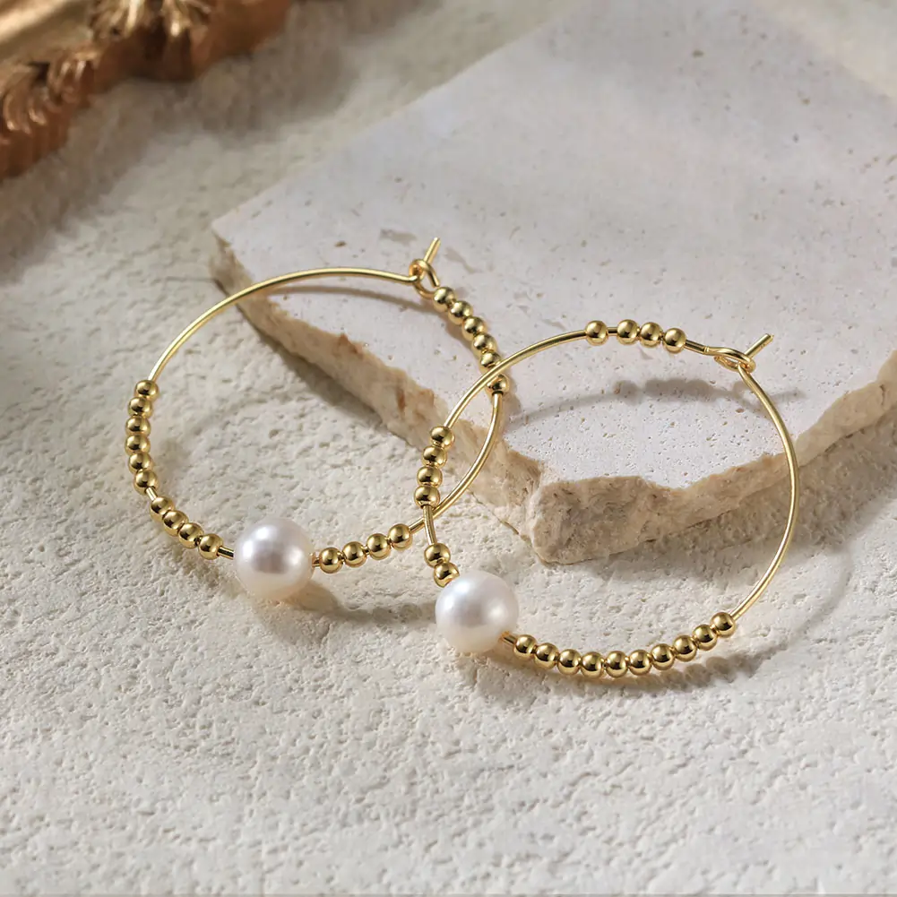 Produse Noi - Cercei din Argint cu Perle Naturale de Cultură Golden Hoop Glow