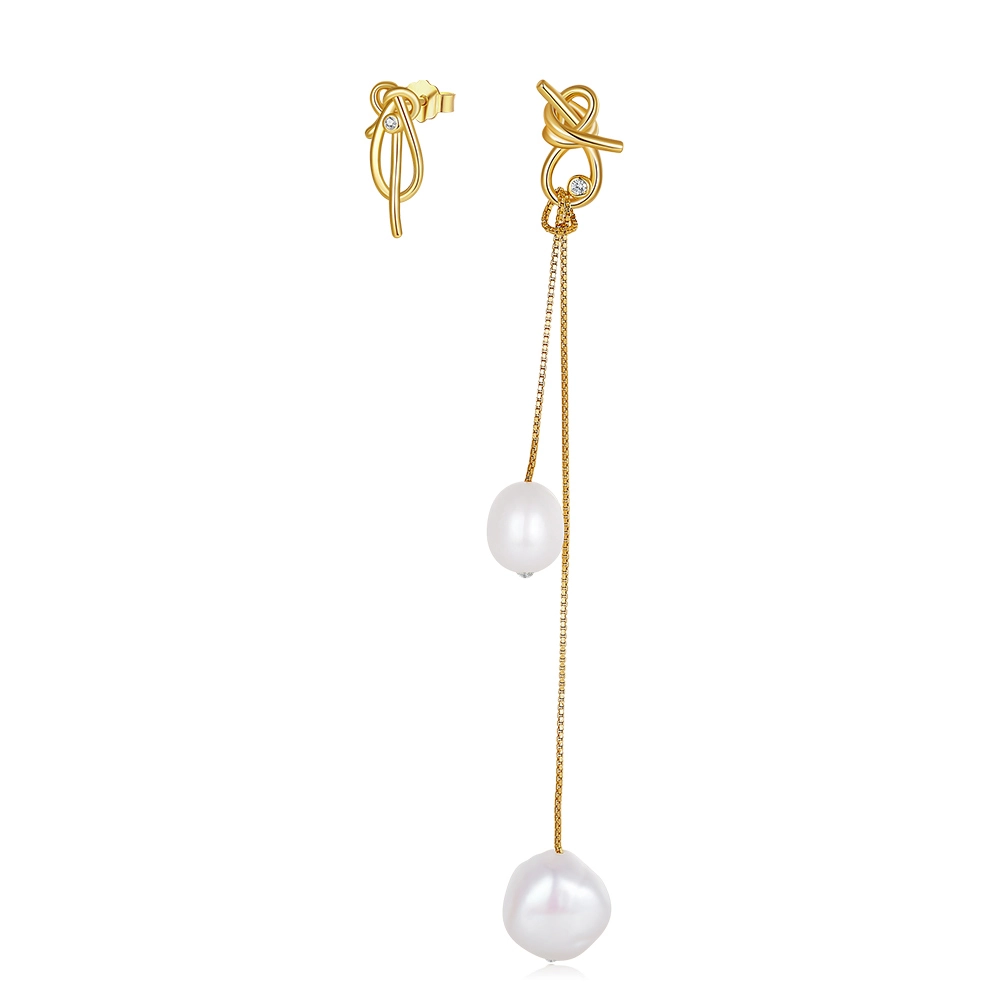 Bijuterii Perle Naturale - Cercei din Argint cu Perle Naturale de Cultură Golden Knot & Drop