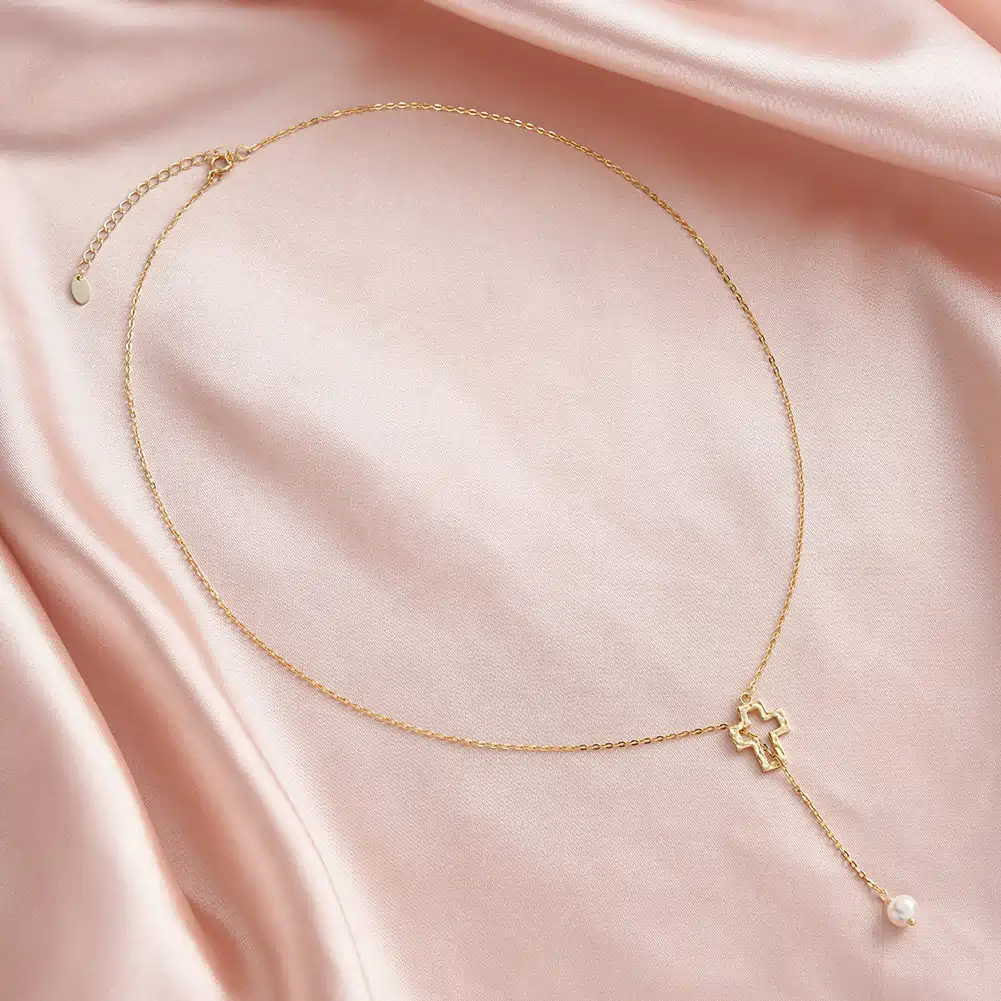 Bijuterii Perle Naturale - Colier din Argint Cu Perlă Naturală Cross With Pearl Gold