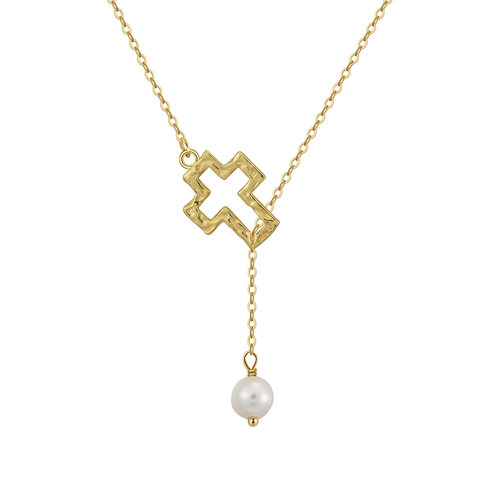 Bijuterii Perle Naturale - Colier din Argint Cu Perlă Naturală Cross With Pearl Gold