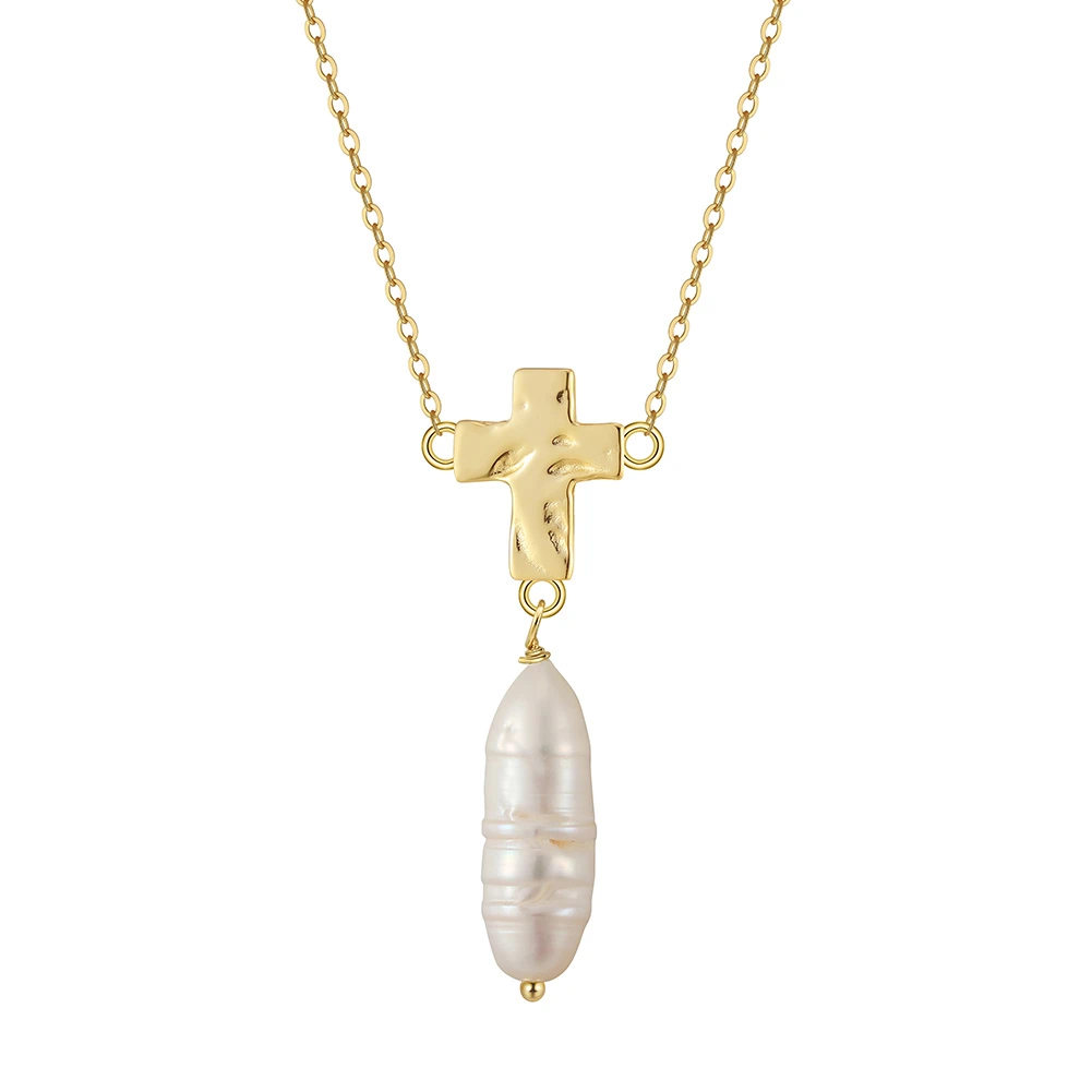 Bijuterii Perle Naturale - Colier din Argint Cu Perlă Naturală Gold Cross & Baroque Pearl
