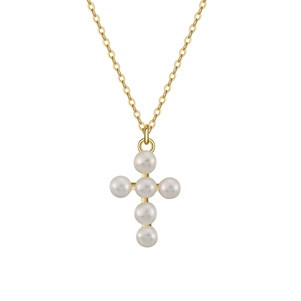 Bijuterii Perle Naturale - Colier din Argint cu Perle Naturale de Cultură Pearl Cross Charm Gold