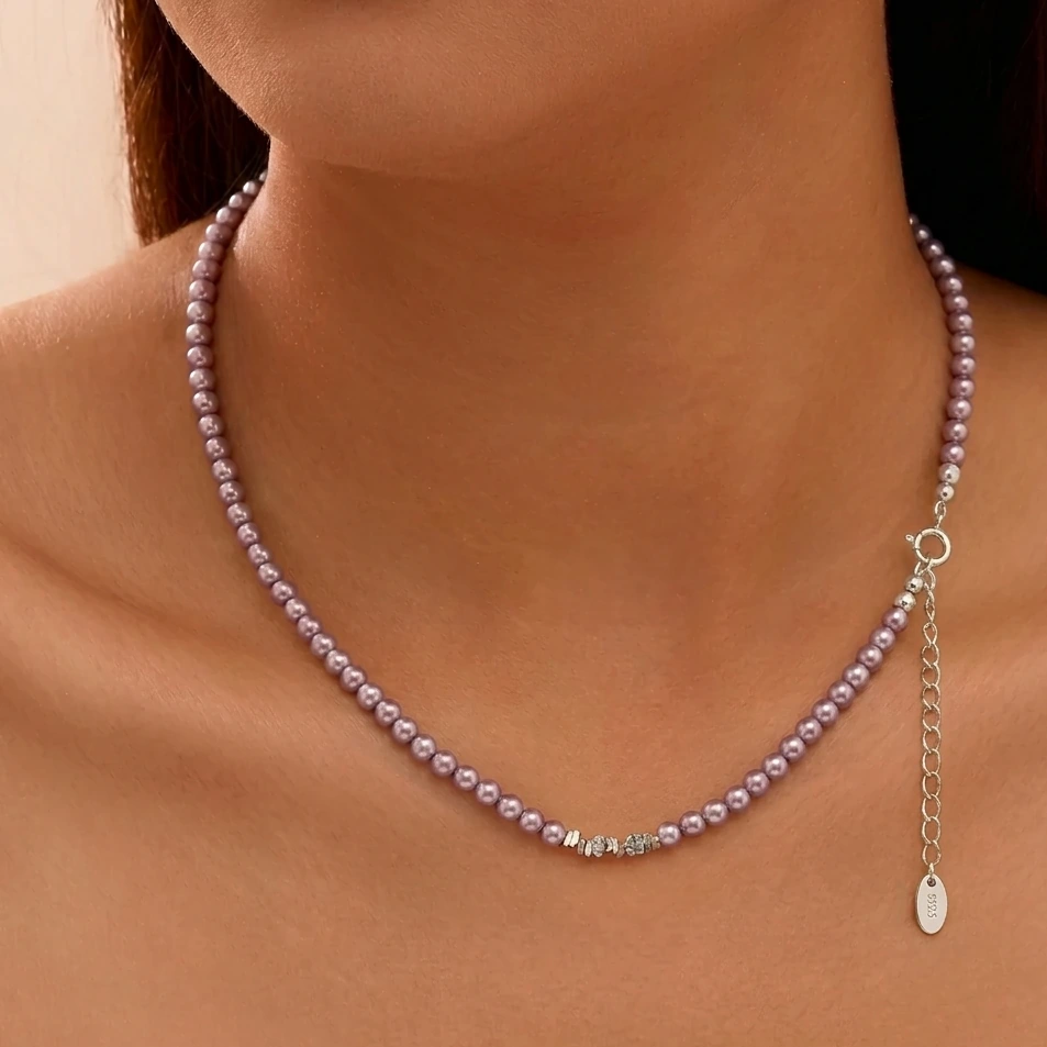 Coliere din argint - Colier din argint cu perle shell Beads Lila Argintiu