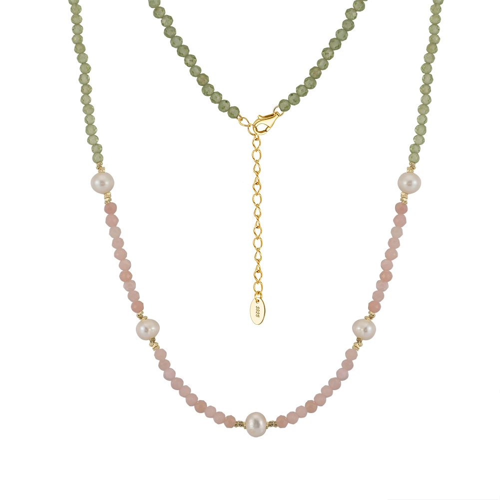 Bijuterii Perle Naturale - Colier din Argint cu Perle și Pietre Naturale Cuarț și Peridot Blush & Green Grace
