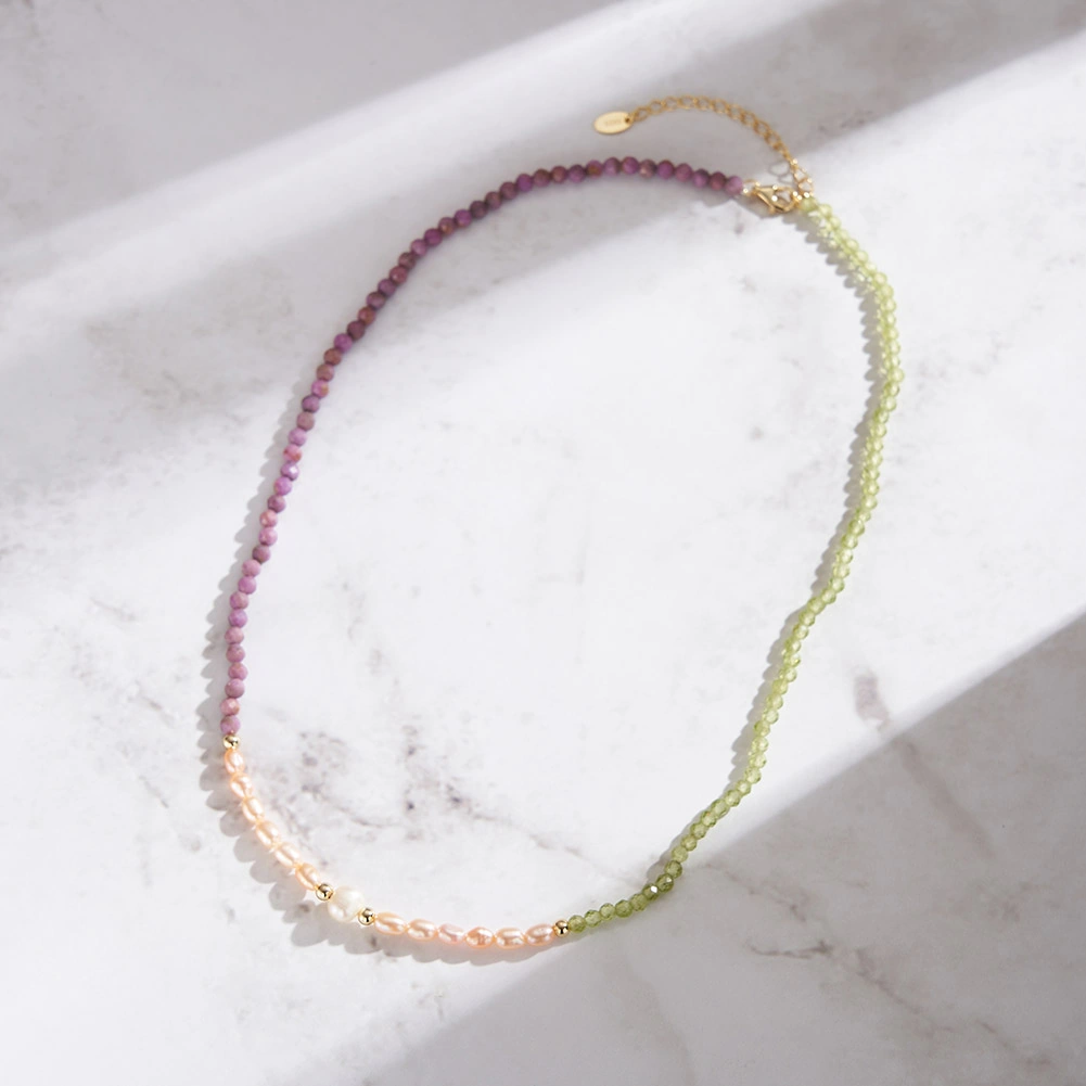 Bijuterii Perle Naturale - Colier din Argint cu Perle și Pietre Naturale Rodonit și Peridot Dual Harmony