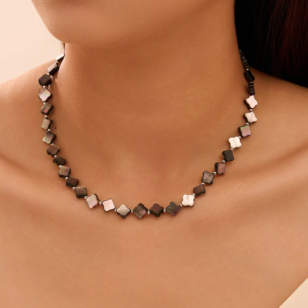Coliere din argint - Colier din argint cu shell Clover Negru Argintiu