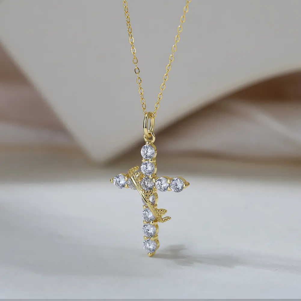 Coliere din argint - Colier din argint cu zirconiu Cross Crown Auriu