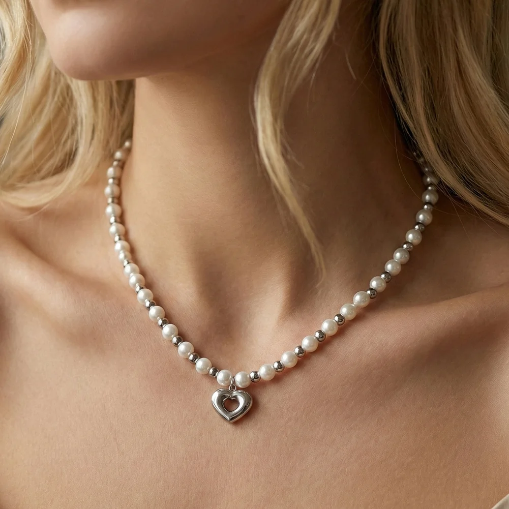 Coliere Statement - Colier Statement cu Perle Shell Amour Layers Argintiu