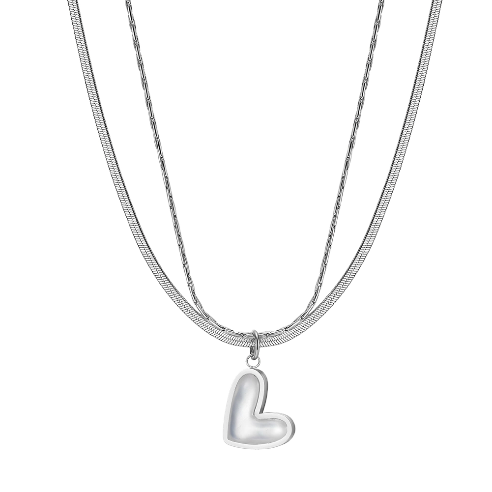 Produse Noi - Colier Statement cu Perle Shell Duo Heart Argintiu