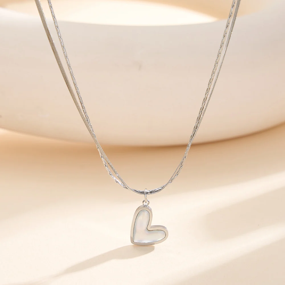 Produse Noi - Colier Statement cu Perle Shell Duo Heart Argintiu