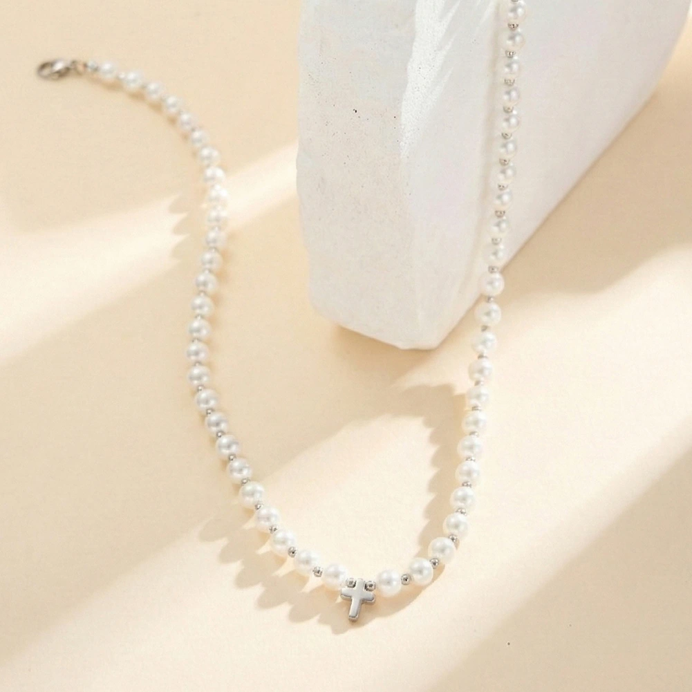 Coliere Statement - Colier Statement cu Perle Shell și Cruce Cruz Argintiu