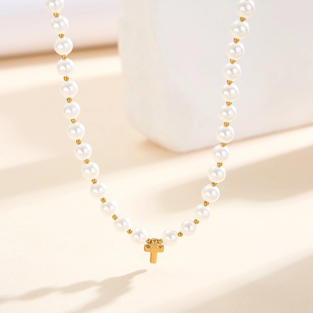 Coliere Statement - Colier Statement cu Perle Shell și Cruce Cruz Auriu