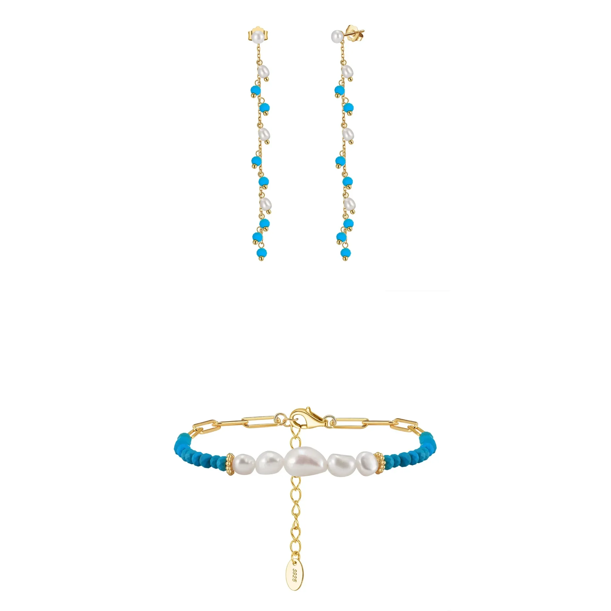 Seturi bijuterii din argint - Set Brățară și Cercei din Argint cu Perle Naturale și Piatră Turcoaz Turquoise Elegance Gold