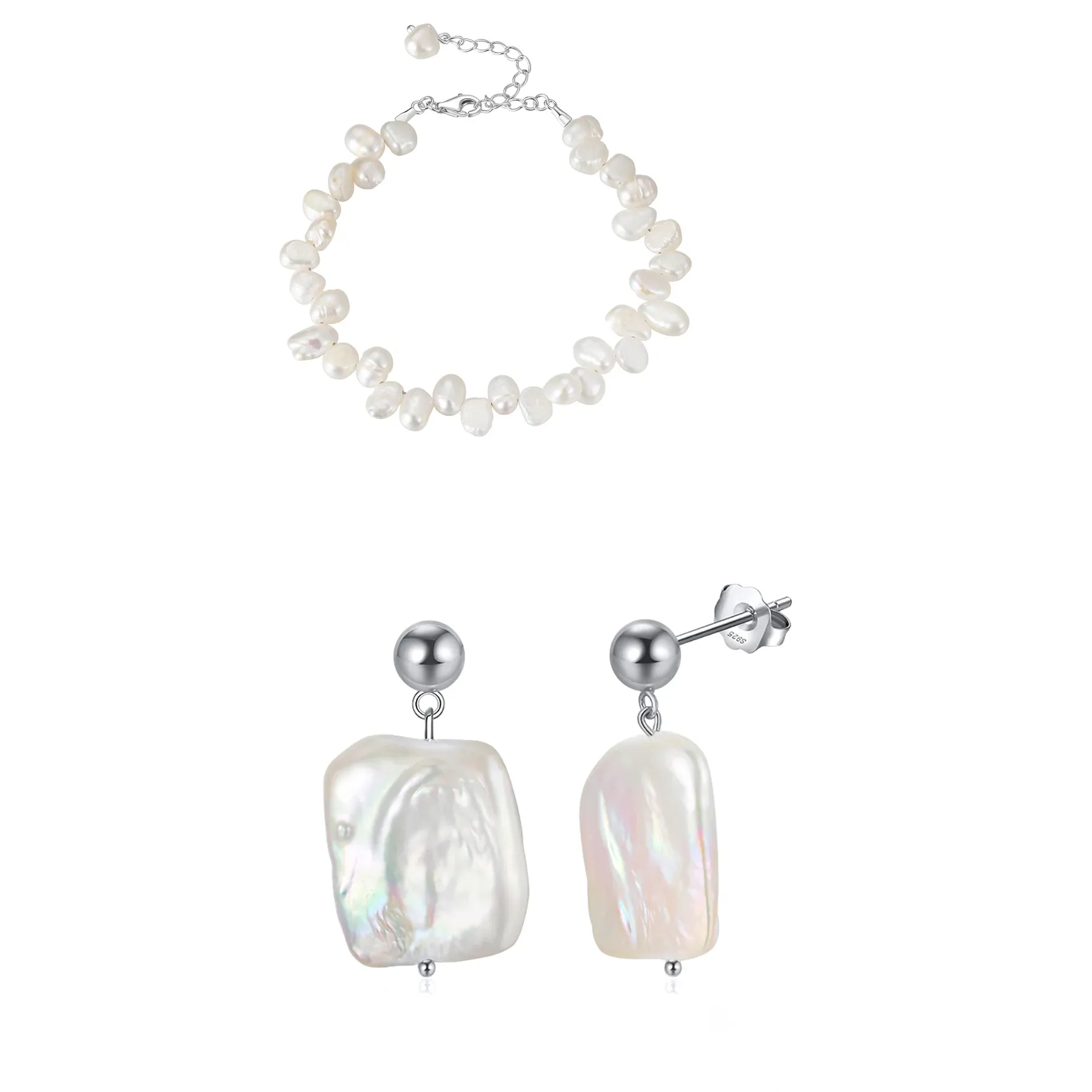 Seturi bijuterii din argint - Set Cercei și Brățară din argint cu perle naturale de cultură Raw Baroque Silver