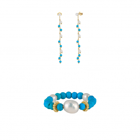 Seturi bijuterii din argint - Set Cercei și Inel din Argint cu Perle Naturale și Piatră Naturală Turcoaz Turquoise Elegance
