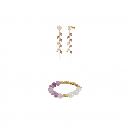 Seturi bijuterii din argint - Set Cercei și Inel din Argint cu Perle Naturale și Pietre Naturale Ametist Lavender Amethyst