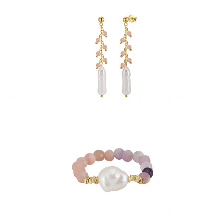 Seturi bijuterii din argint - Set Cercei și Inel din Argint cu Perle Naturale și Pietre Naturale Cuarț Pink Elegance