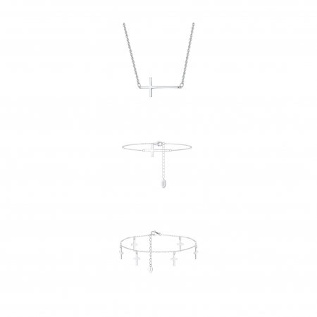 Seturi bijuterii din argint - Set Colier, Brățară de Mână și Brățară de Picior Sterling Silver Cross