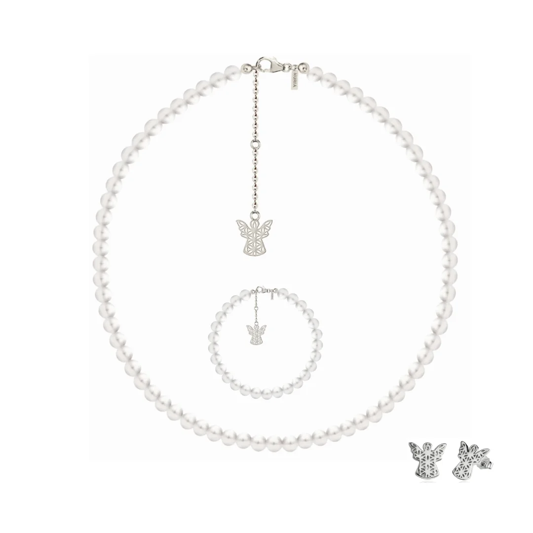 Seturi bijuterii din argint - Set Colier, Brățară și Cercei din argint cu perle naturale de cultură mari Înger Argintiu