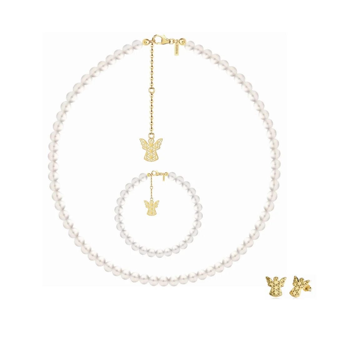 Seturi bijuterii din argint - Set Colier, Brățară și Cercei din argint cu perle naturale de cultură mari Înger Auriu