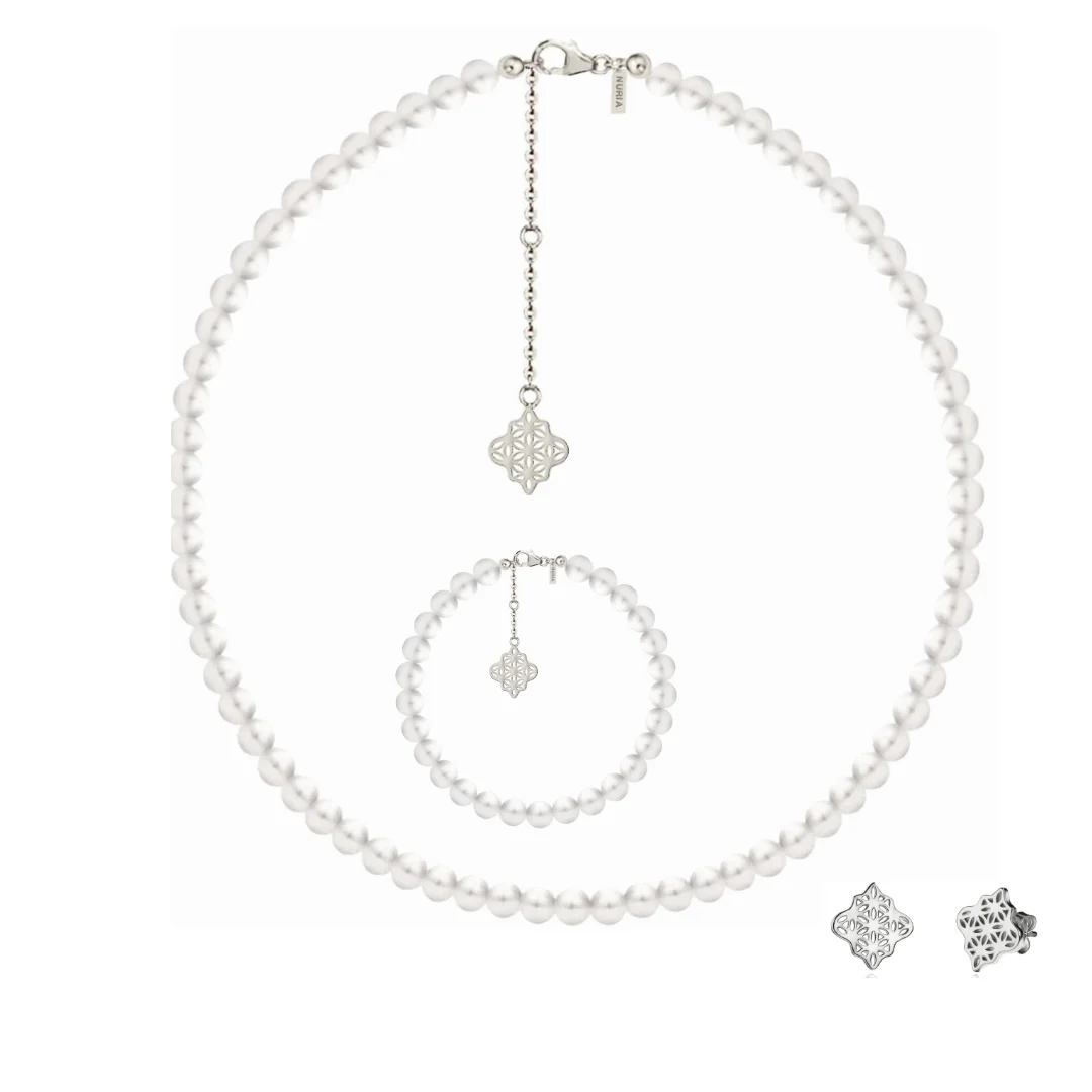 Seturi bijuterii din argint - Set Colier, Brățară și Cercei din argint cu perle naturale de cultură Compas Mare Argintiu