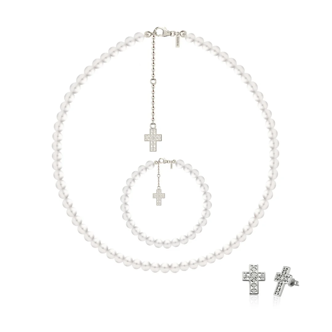 Seturi bijuterii din argint - Set Colier, Brățară și Cercei din argint cu perle naturale de cultură mari Cruce Argintiu